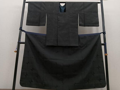 平和屋着物∞道行コート 二部式 単衣 幾何学文様 黒緑色 正絹 逸品 BAAT1597gt