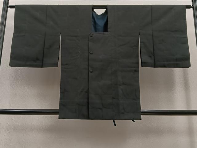 平和屋着物∞道行コート 二部式 単衣 幾何学文様 黒緑色 正絹 逸品 BAAT1597gt