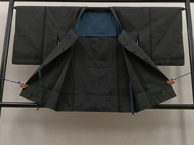 平和屋着物∞道行コート 二部式 単衣 幾何学文様 黒緑色 正絹 逸品 BAAT1597gt