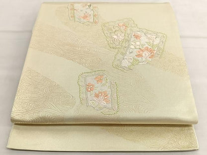 平和屋着物◎太鼓柄袋帯　総刺繍　更紗花文　金彩　引箔　正絹　逸品　BAAT1608xk