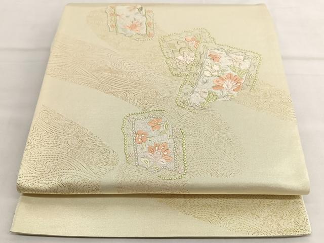 平和屋着物◎太鼓柄袋帯　総刺繍　更紗花文　金彩　引箔　正絹　逸品　BAAT1608xk