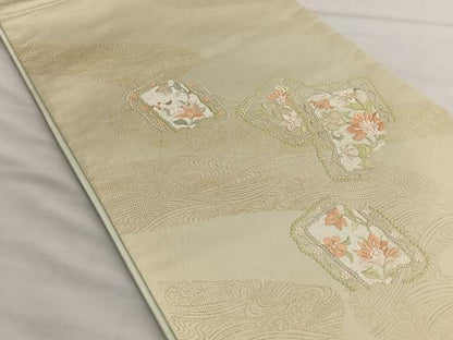 平和屋着物◎太鼓柄袋帯　総刺繍　更紗花文　金彩　引箔　正絹　逸品　BAAT1608xk