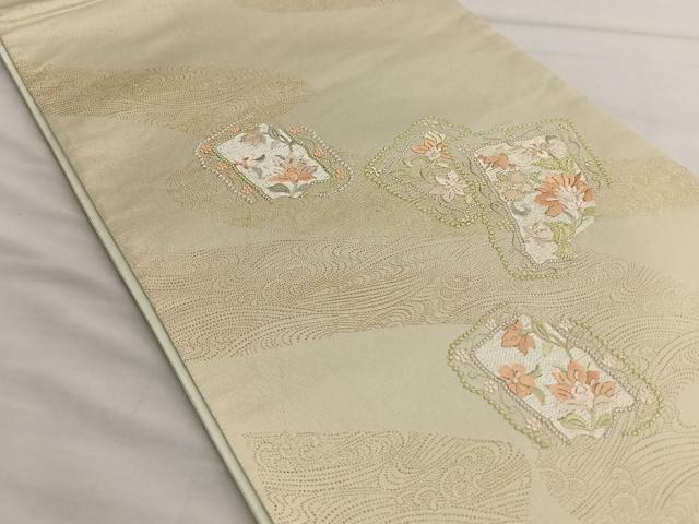 平和屋着物◎太鼓柄袋帯　総刺繍　更紗花文　金彩　引箔　正絹　逸品　BAAT1608xk