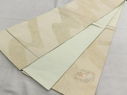 平和屋着物◎太鼓柄袋帯　総刺繍　更紗花文　金彩　引箔　正絹　逸品　BAAT1608xk
