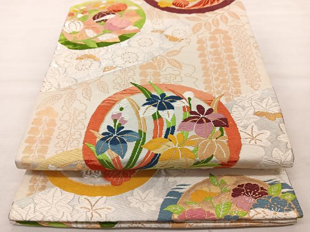 平和屋着物◎六通柄袋帯 唐織 花鳥丸文 金銀糸 正絹 逸品 BAAT1609xk
