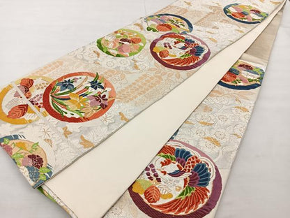 平和屋着物◎六通柄袋帯 唐織 花鳥丸文 金銀糸 正絹 逸品 BAAT1609xk
