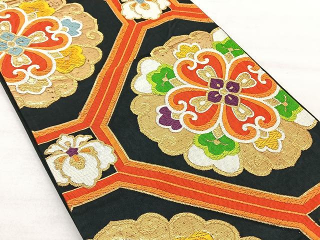 平和屋着物◎六通柄袋帯 唐織 蜀江花文 黒地 金糸 正絹 逸品 BAAT1619xk