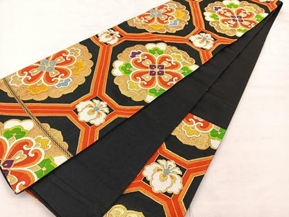 平和屋着物◎六通柄袋帯 唐織 蜀江花文 黒地 金糸 正絹 逸品 BAAT1619xk