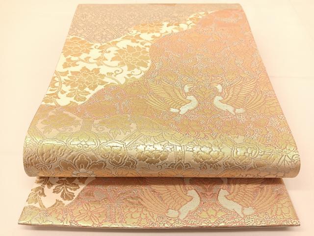 平和屋着物◎六通柄袋帯 向かい鳥更紗花文 金銀糸 正絹 逸品 BAAT1789yc
