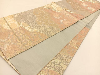 平和屋着物◎六通柄袋帯 向かい鳥更紗花文 金銀糸 正絹 逸品 BAAT1789yc