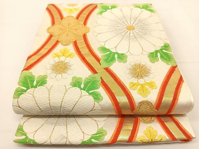 平和屋着物◎六通柄袋帯 唐織 縦枠菊花文 金銀糸 正絹 逸品 BAAT1798yc
