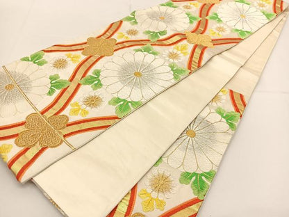 平和屋着物◎六通柄袋帯 唐織 縦枠菊花文 金銀糸 正絹 逸品 BAAT1798yc