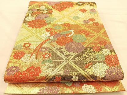 平和屋着物◎六通柄袋帯 唐織 尾長鳥花文 金糸 正絹 逸品 BAAT1801if