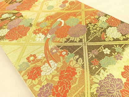 平和屋着物◎六通柄袋帯 唐織 尾長鳥花文 金糸 正絹 逸品 BAAT1801if