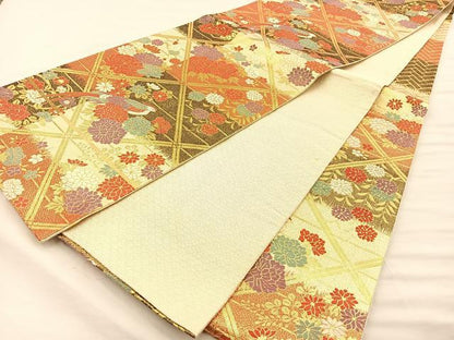 平和屋着物◎六通柄袋帯 唐織 尾長鳥花文 金糸 正絹 逸品 BAAT1801if