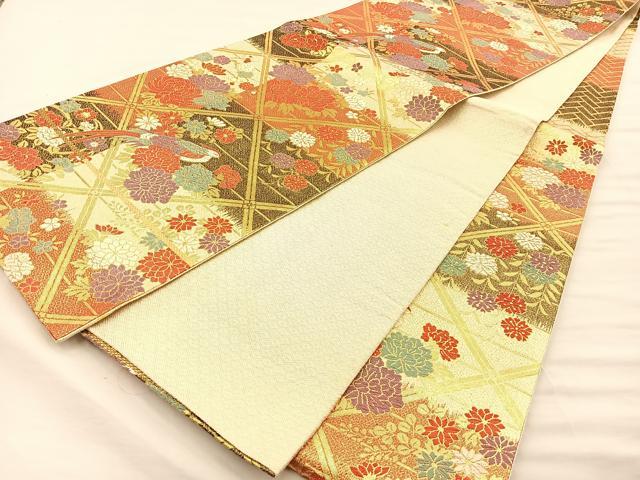 平和屋着物◎六通柄袋帯 唐織 尾長鳥花文 金糸 正絹 逸品 BAAT1801if