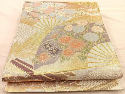 平和屋着物◎六通柄袋帯 扇面花文 金銀糸 正絹 逸品 BAAT1803if