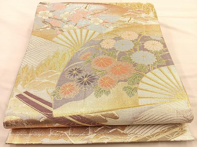 平和屋着物◎六通柄袋帯 扇面花文 金銀糸 正絹 逸品 BAAT1803if