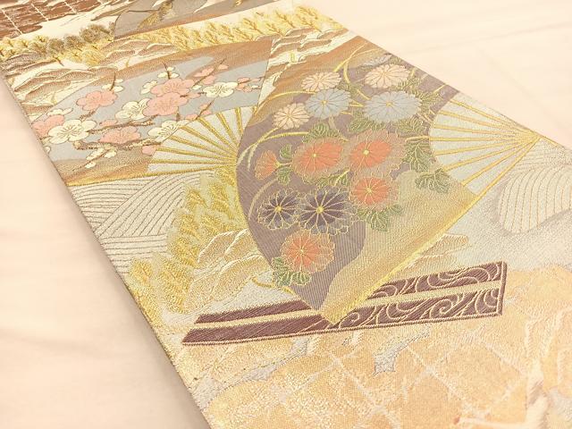 平和屋着物◎六通柄袋帯 扇面花文 金銀糸 正絹 逸品 BAAT1803if