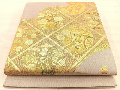 平和屋着物◎太鼓柄袋帯 菱天井雪輪花文 金彩 金通し地 正絹 逸品 BAAT1816if