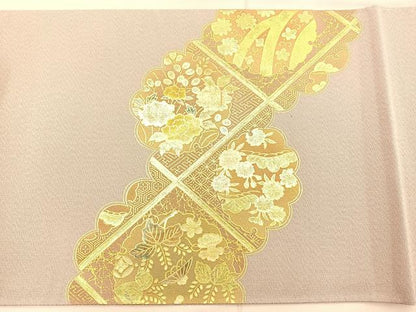 平和屋着物◎太鼓柄袋帯 菱天井雪輪花文 金彩 金通し地 正絹 逸品 BAAT1816if