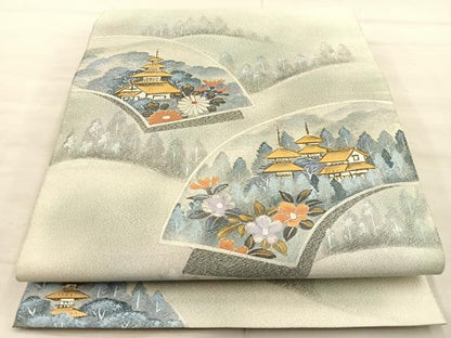 平和屋着物◎六通柄袋帯 作家物 綴れ 地紙風景文 銀彩 正絹 逸品 BAAT1823if