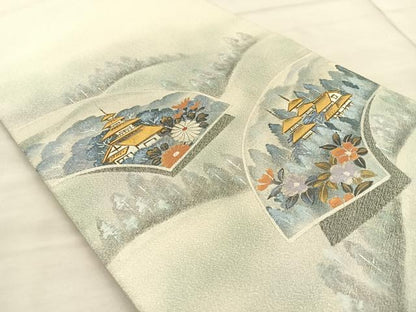 平和屋着物◎六通柄袋帯 作家物 綴れ 地紙風景文 銀彩 正絹 逸品 BAAT1823if