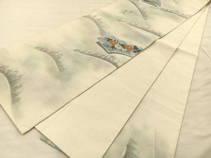 平和屋着物◎六通柄袋帯 作家物 綴れ 地紙風景文 銀彩 正絹 逸品 BAAT1823if