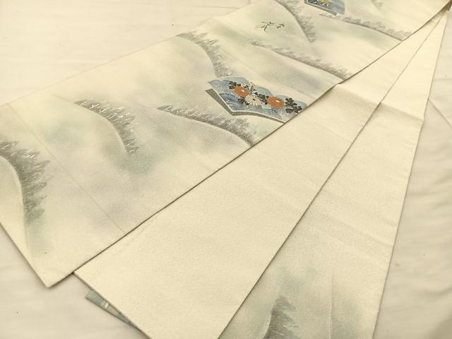 平和屋着物◎六通柄袋帯 作家物 綴れ 地紙風景文 銀彩 正絹 逸品 BAAT1823if