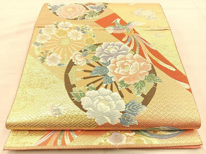 平和屋着物◎六通柄袋帯　唐織　鳳凰源氏車花文　金糸　正絹　逸品　BAAT1826if