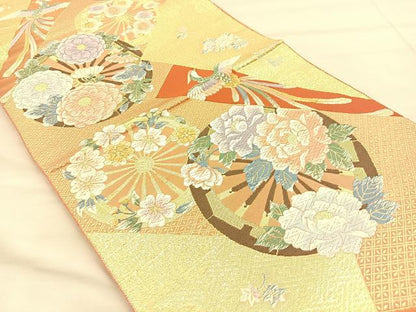 平和屋着物◎六通柄袋帯　唐織　鳳凰源氏車花文　金糸　正絹　逸品　BAAT1826if