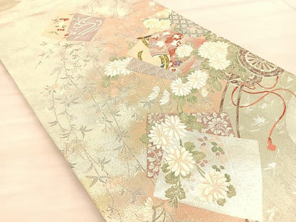 平和屋着物◎六通柄袋帯 唐織 色紙誰が袖花文 金銀糸 正絹 逸品 BAAT1838if