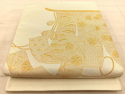 平和屋着物◎太鼓柄袋帯 綴れ 几帳花文 金糸 正絹 逸品 BAAT1844if