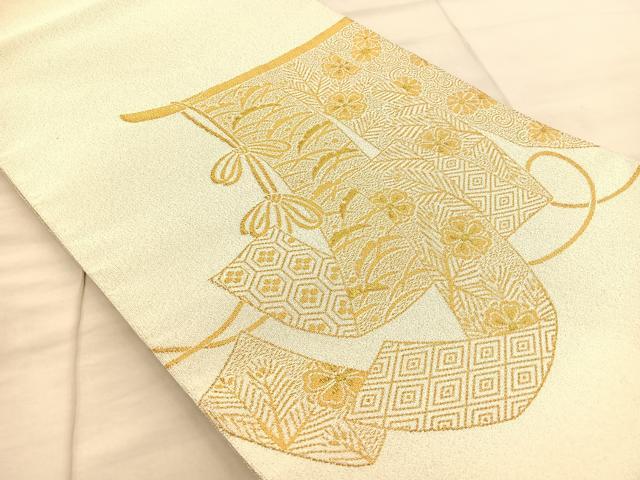平和屋着物◎太鼓柄袋帯 綴れ 几帳花文 金糸 正絹 逸品 BAAT1844if