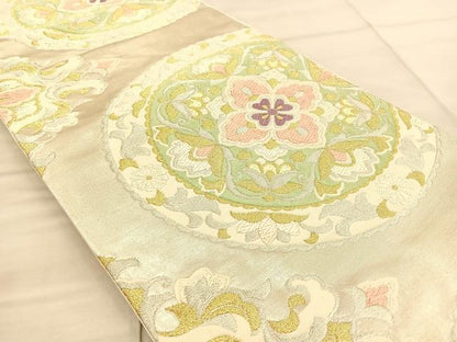 平和屋着物◎六通柄袋帯　唐織　花絵皿　金銀糸　正絹　逸品　BAAT1848if
