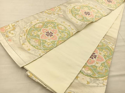 平和屋着物◎六通柄袋帯　唐織　花絵皿　金銀糸　正絹　逸品　BAAT1848if
