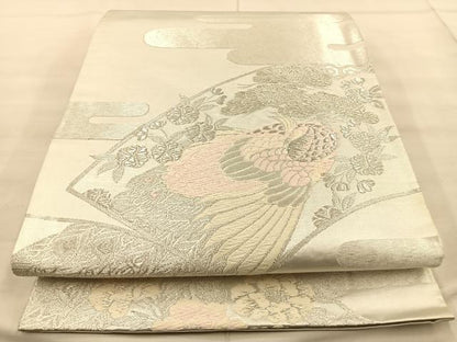 平和屋着物◎六通柄袋帯　唐織　地紙孔雀文　銀糸　引箔　正絹　逸品　BAAT1853if