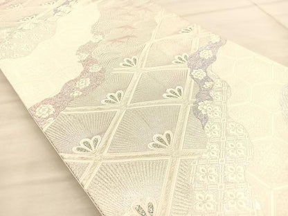 平和屋着物◎六通柄袋帯　唐織　道長花鳥文　銀糸　正絹　逸品　BAAT1855if