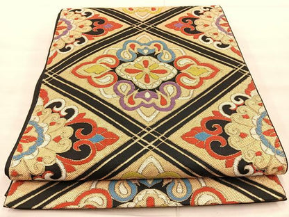 平和屋着物◎六通柄 本袋帯 花菱文 黒地 金糸 正絹 逸品 BAAT1880if