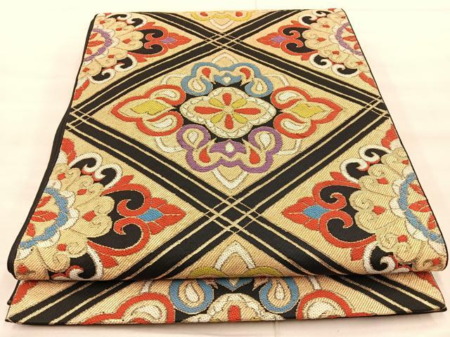 平和屋着物◎六通柄 本袋帯 花菱文 黒地 金糸 正絹 逸品 BAAT1880if