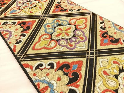 平和屋着物◎六通柄 本袋帯 花菱文 黒地 金糸 正絹 逸品 BAAT1880if