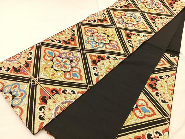 平和屋着物◎六通柄 本袋帯 花菱文 黒地 金糸 正絹 逸品 BAAT1880if