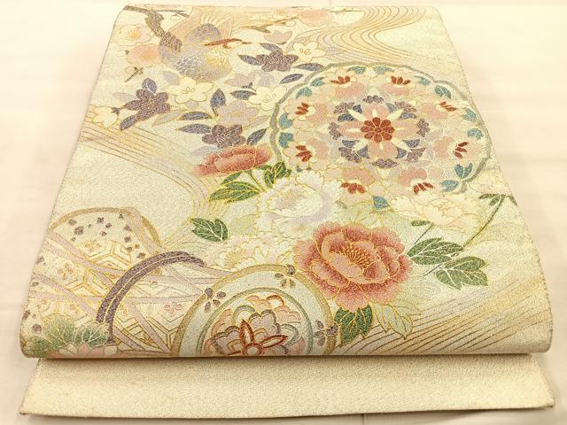 平和屋着物◎太鼓柄袋帯　綴れ　尾長鳥花絵皿文　金銀彩　正絹　逸品　BAAT1882if