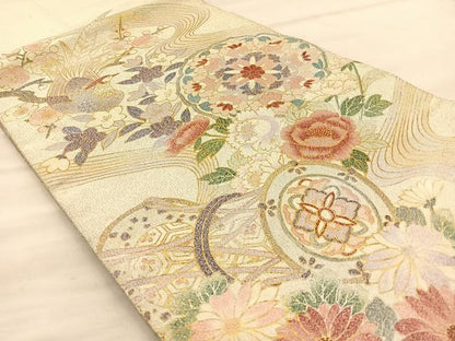 平和屋着物◎太鼓柄袋帯　綴れ　尾長鳥花絵皿文　金銀彩　正絹　逸品　BAAT1882if