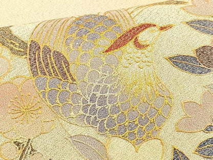 平和屋着物◎太鼓柄袋帯　綴れ　尾長鳥花絵皿文　金銀彩　正絹　逸品　BAAT1882if