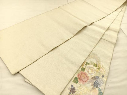 平和屋着物◎太鼓柄袋帯　綴れ　尾長鳥花絵皿文　金銀彩　正絹　逸品　BAAT1882if