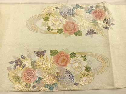 平和屋着物◎太鼓柄袋帯　綴れ　尾長鳥花絵皿文　金銀彩　正絹　逸品　BAAT1882if