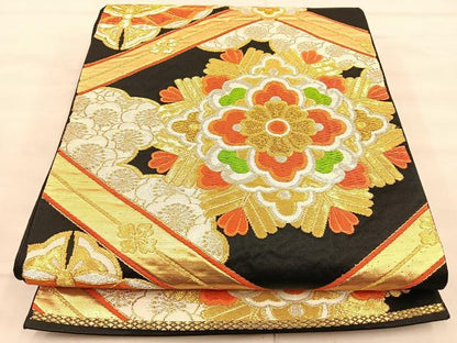 平和屋着物◎六通柄袋帯 唐織 菱天井花文 黒地 金銀糸 正絹 逸品 BAAT1887if