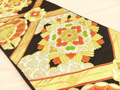 平和屋着物◎六通柄袋帯 唐織 菱天井花文 黒地 金銀糸 正絹 逸品 BAAT1887if
