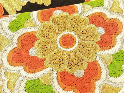 平和屋着物◎六通柄袋帯 唐織 菱天井花文 黒地 金銀糸 正絹 逸品 BAAT1887if